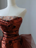 Mermaid Strapless Burgundy Sequin Long Evening Dress Prom Dresses SD2492