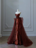 Mermaid Strapless Burgundy Sequin Long Evening Dress Prom Dresses SD2492