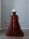 Mermaid Strapless Burgundy Sequin Long Evening Dress Prom Dresses SD2492