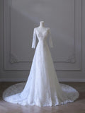 A line V Neckline Tulle White Lace Long Wedding Dress Bridal Dresses SD2503
