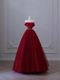 Balll Gown Strapless Red Tulle Long Evening Dress Prom Dresses SD2516