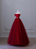 Balll Gown Strapless Red Tulle Long Evening Dress Prom Dresses SD2516