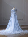 Balll Gown Sweetheart Floral Blue Tulle Long Evening Dress Prom Dresses SD2518