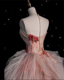 Ball Gown Sweetheart Pink Floral Tulle Long Evening Dress Prom Dresses SD2525
