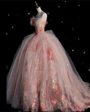 Ball Gown Sweetheart Pink Floral Tulle Long Evening Dress Prom Dresses SD2525