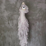 A Line Scoop Short Sleeves Floral Ruffles Prom Dresses Birthday Dress For Women SD253