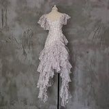 A Line Scoop Short Sleeves Floral Ruffles Prom Dresses Birthday Dress For Women SD253