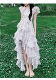 A Line Scoop Short Sleeves Floral Ruffles Prom Dresses Birthday Dress For Women SD253