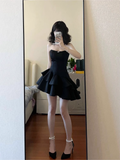 A line Strapless Little Black Dress Hoco Dresses Short Satin Birthday Outfits SD263