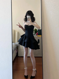 A line Strapless Little Black Dress Hoco Dresses Short Satin Birthday Outfits SD263