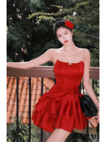 A line Strapless Red Dinner Dress Hoco Dresses Short Birthday Outfits SD267