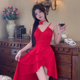 A line Irregular Hem Spaghetti Straps Red Dinner Dress Short Birthday Outfit SD268