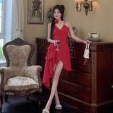 A line Irregular Hem Spaghetti Straps Red Dinner Dress Short Birthday Outfit SD268
