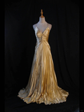 A Line Halter Gold Satin Beads Long Evening Dress Prom Dresses SD2701