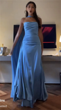 Sheath Strapless With Ribbon Blue Ruffles Long Prom Dress SD2702