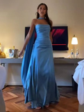 Sheath Strapless With Ribbon Blue Ruffles Long Prom Dress SD2702