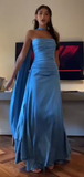 Sheath Strapless With Ribbon Blue Ruffles Long Prom Dress SD2702