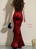 Mermaid Spaghetti Straps Burgundy Ruffles Long Prom Dress SD2703