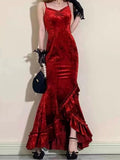 Mermaid Spaghetti Straps Burgundy Ruffles Long Prom Dress SD2703