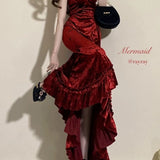 Mermaid Spaghetti Straps Burgundy Ruffles Long Prom Dress SD2703