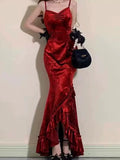 Mermaid Spaghetti Straps Burgundy Ruffles Long Prom Dress SD2703