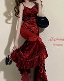 Mermaid Spaghetti Straps Burgundy Ruffles Long Prom Dress SD2703