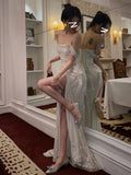 Mermaid Off The Shoulder Sequin Slit Long Prom Dress SD2704 HZ0628