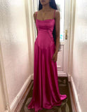 A line Spaghetti Straps Pink Satin Long Party Dresses Prom Dresses SD2705