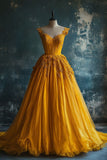 Ball Gown Short Sleeves Yellow Lace Long Party Dress Satin Prom Dresses SD2705
