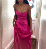 A line Spaghetti Straps Pink Satin Long Party Dresses Prom Dresses SD2705