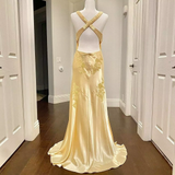 Mermaid Spaghetti Straps Yellow Backless Long Party Dresses Prom Dresses SD2708