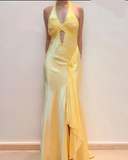 Mermaid V Neckline Satin Yellow Long Prom Dresses Formal Evening Dresses SD2709