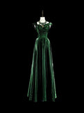 A Line Sweetheart Ruffles Long Evening Dress Green Velvet Prom Dresses SD2742