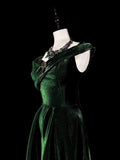 A Line Sweetheart Ruffles Long Evening Dress Green Velvet Prom Dresses SD2742