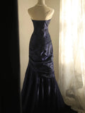 Mermaid Strapless Navy Blue Organza Long Evening Gowns Prom Dress SD2743