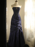 Mermaid Strapless Navy Blue Organza Long Evening Gowns Prom Dress SD2743