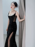 Mermaid Spaghetti Straps Black Sequin Slit Long Evening Gowns Prom Dress SD2744