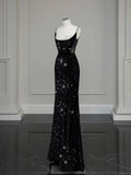 Mermaid Spaghetti Straps Black Sequin Slit Long Evening Gowns Prom Dress SD2744