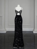 Mermaid Spaghetti Straps Black Sequin Slit Long Evening Gowns Prom Dress SD2744