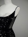 Mermaid Spaghetti Straps Black Sequin Slit Long Evening Gowns Prom Dress SD2744