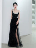 Mermaid Spaghetti Straps Black Sequin Slit Long Evening Gowns Prom Dress SD2744