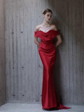 Mermaid Off The Shoulder Red Satin Long Evening Gowns Prom Dress SD2746