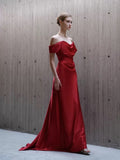 Mermaid Off The Shoulder Red Satin Long Evening Gowns Prom Dress SD2746