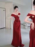 Mermaid Off The Shoulder Red Satin Long Evening Gowns Prom Dress SD2746