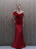 Mermaid Off The Shoulder Red Satin Long Evening Gowns Prom Dress SD2746
