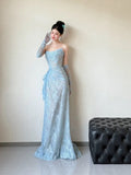 Mermaid Strapless Lace Blue Long Evening Gowns Split Prom Dress SD2748