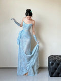 Mermaid Strapless Lace Blue Long Evening Gowns Split Prom Dress SD2748