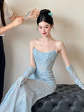 Mermaid Strapless Lace Blue Long Evening Gowns Split Prom Dress SD2748
