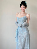 Mermaid Strapless Lace Blue Long Evening Gowns Split Prom Dress SD2748