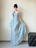 Mermaid Strapless Lace Blue Long Evening Gowns Split Prom Dress SD2748